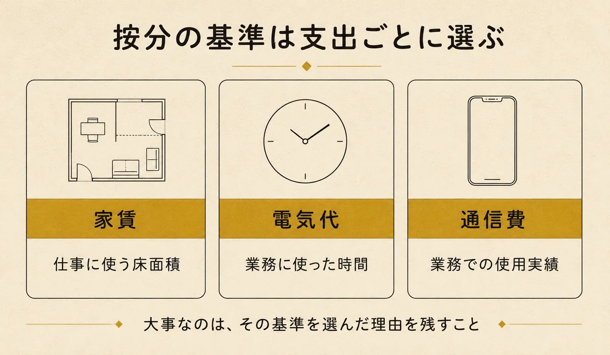 農業・農家の家事関連費を按分する基準の例。家賃は仕事に使う床面積、電気代は業務に使った時間、通信費は業務での使用実績で按分することを示した3列の図