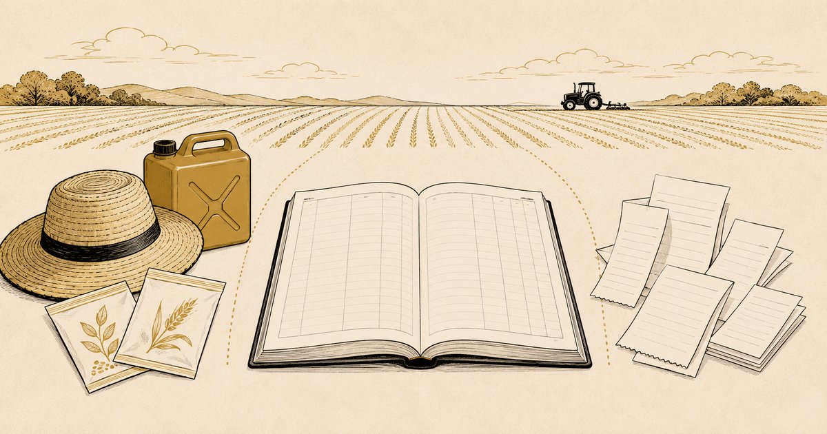 農業所得の経費を仕分けるイメージ。畑の地平線と麦わら帽子・種袋・燃料缶、遠景のトラクター、帳簿とレシートを並べたアイキャッチ画像